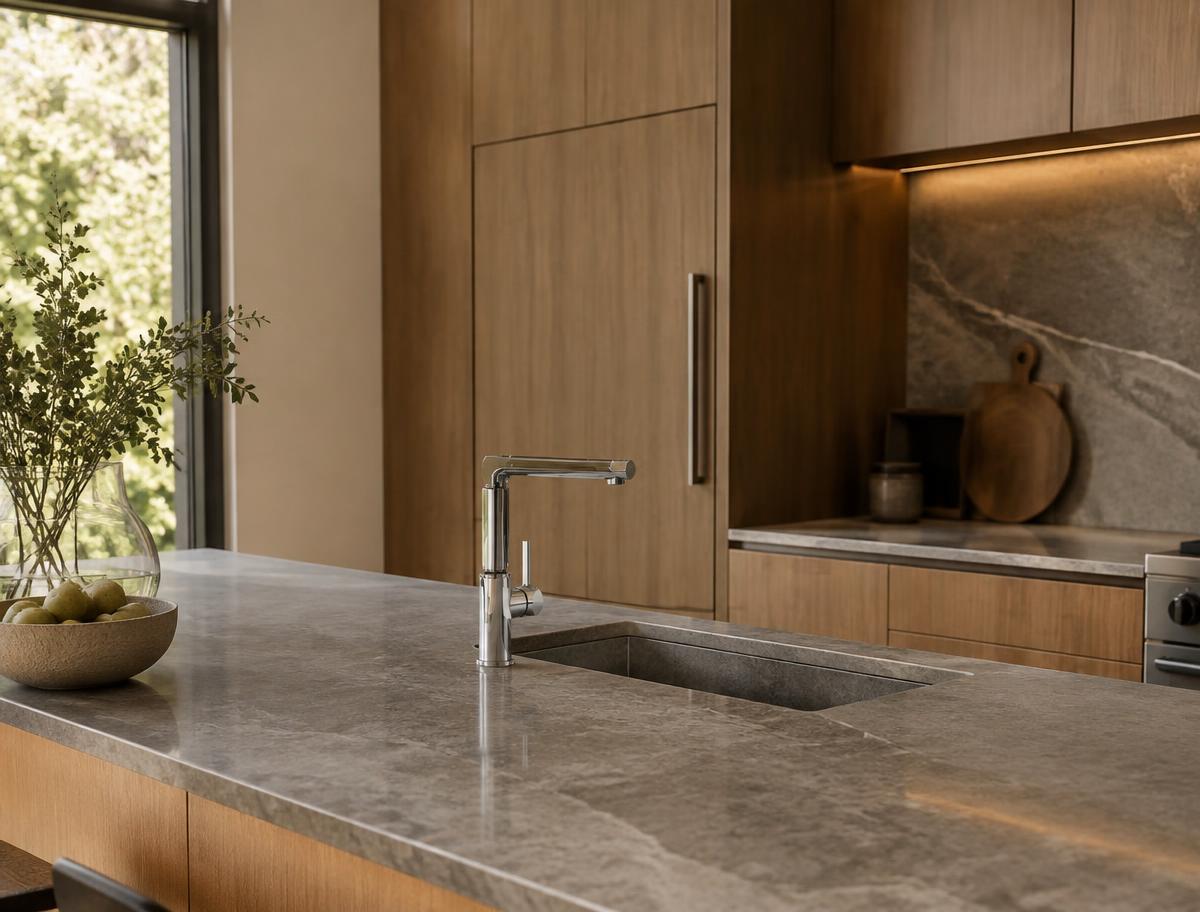 Torneira monocomando cromada em bancada de pedra na cozinha