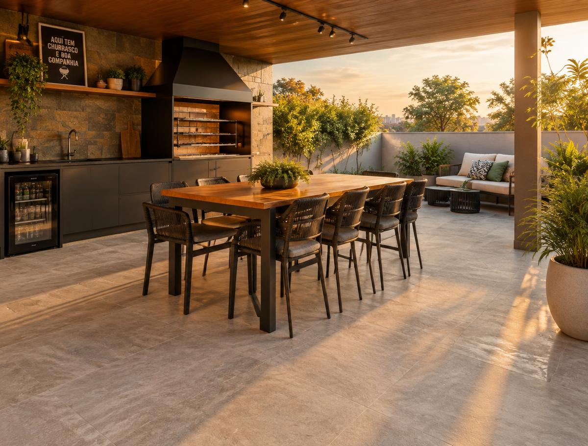 Área gourmet ao entardecer com mesa de madeira