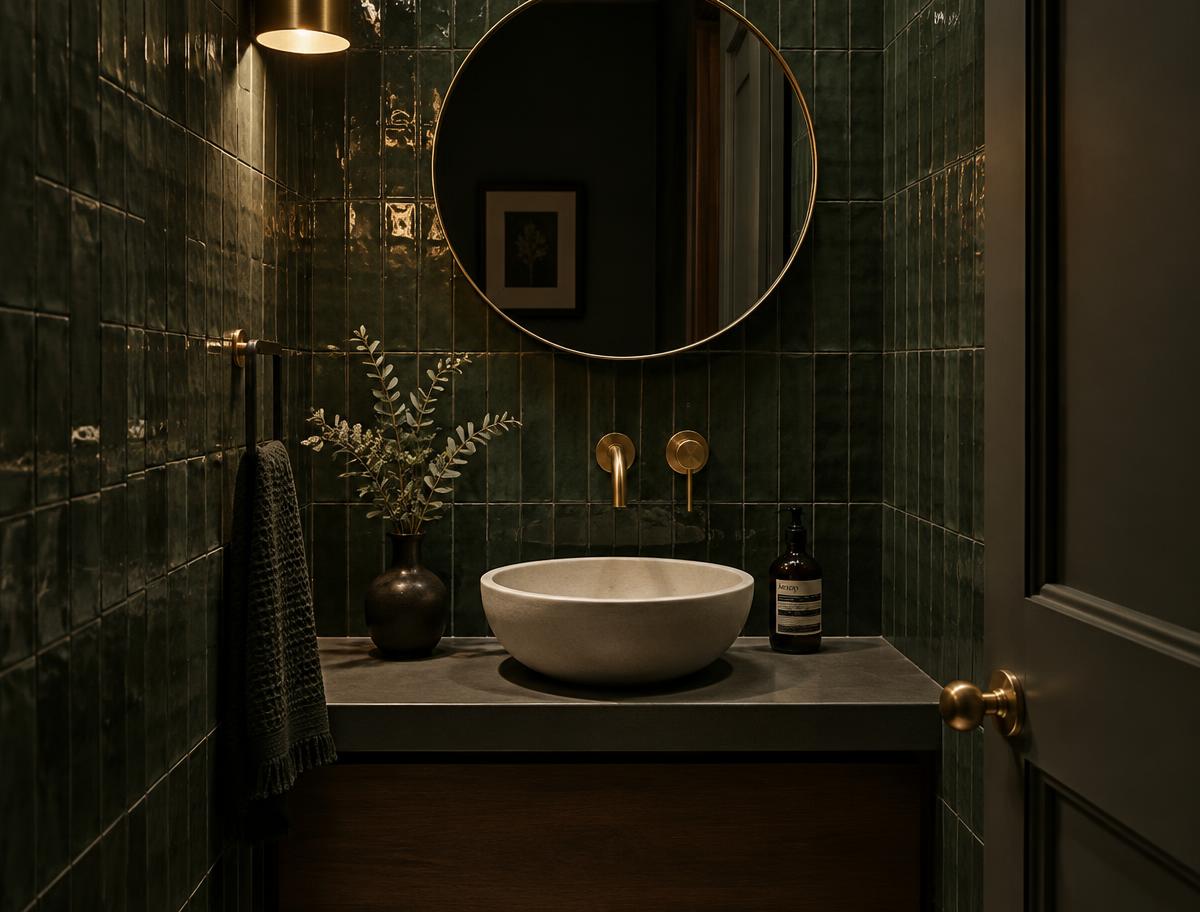 Lavabo escuro com cuba de apoio e espelho redondo