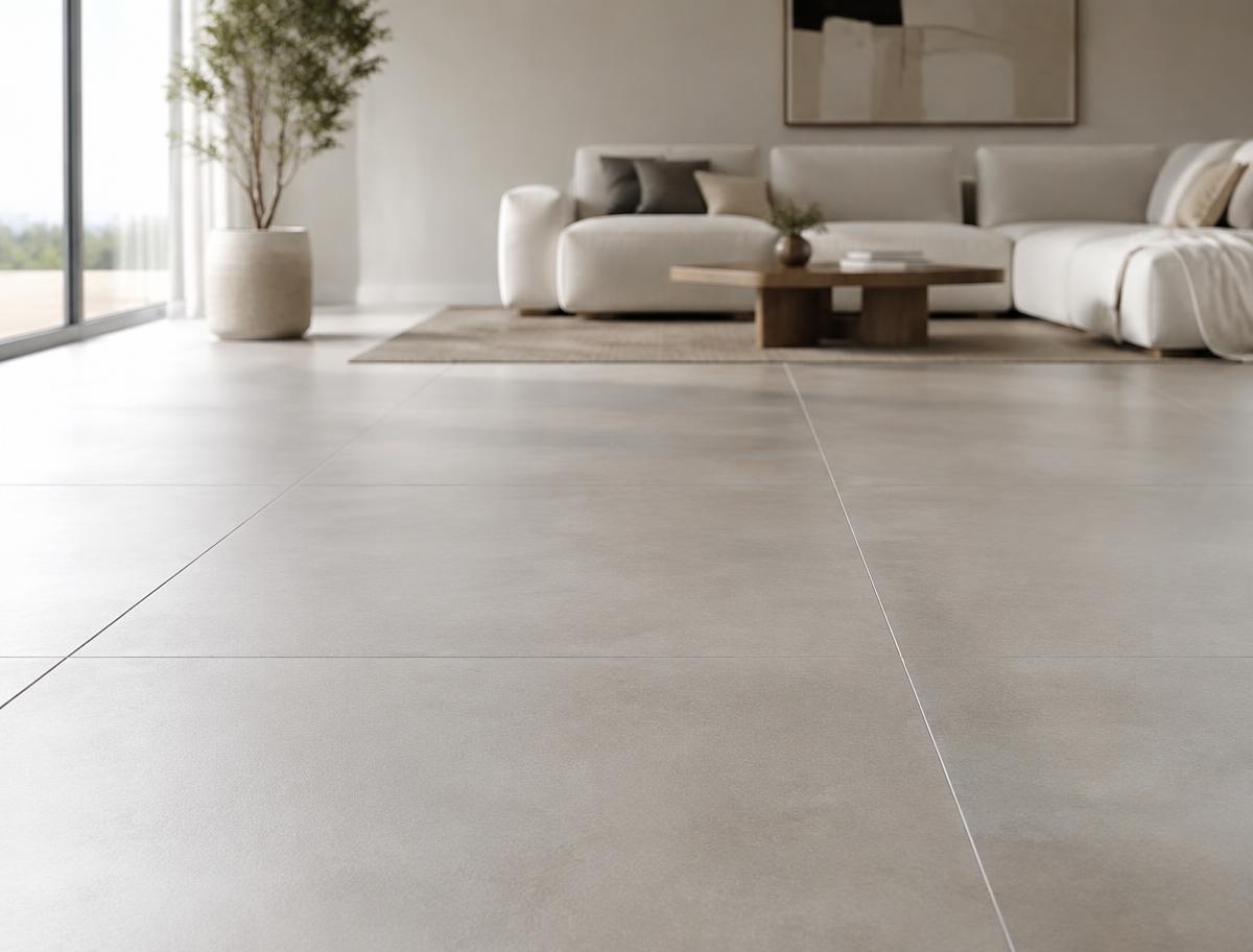 Sala clara com porcelanato de grande formato em tom areia
